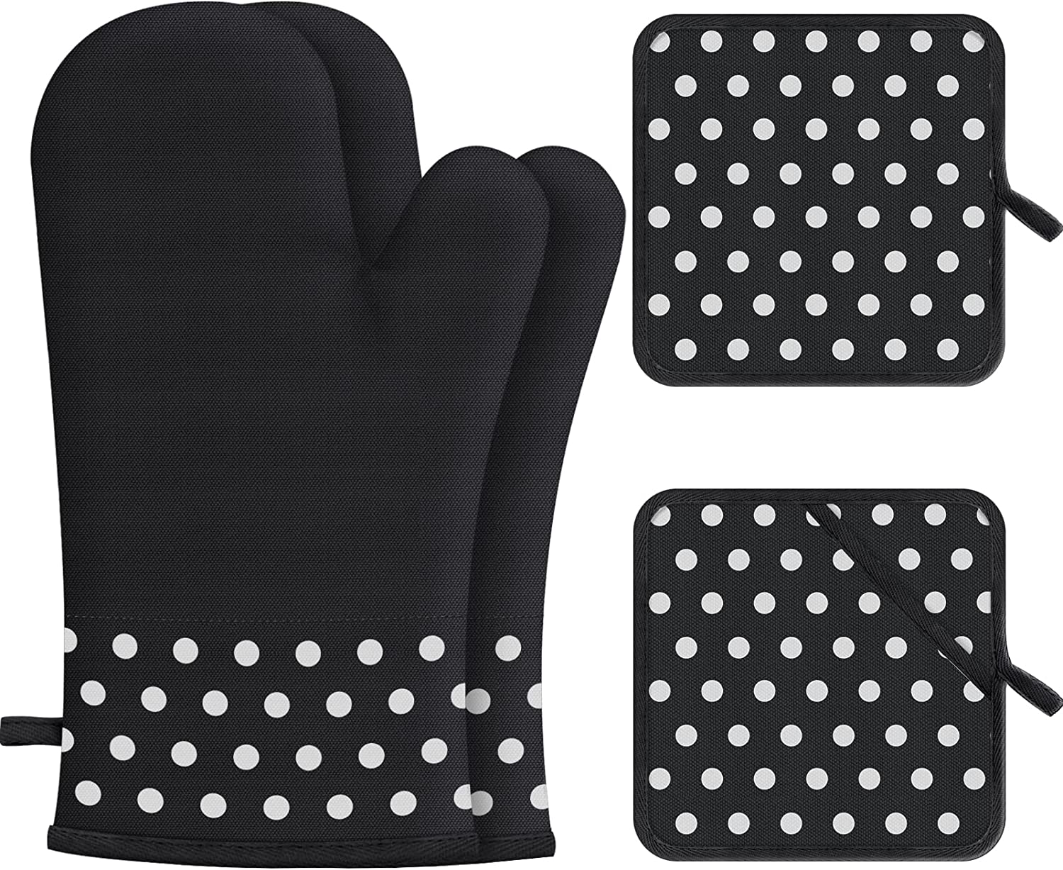 Oven Mitts and Pot Holders, 4 Piece Heat Resistant Thick Cotton Oven Mitts, Comfortable Cotton Oven Gloves for Cooking, Baking and Grilling, Black Dots